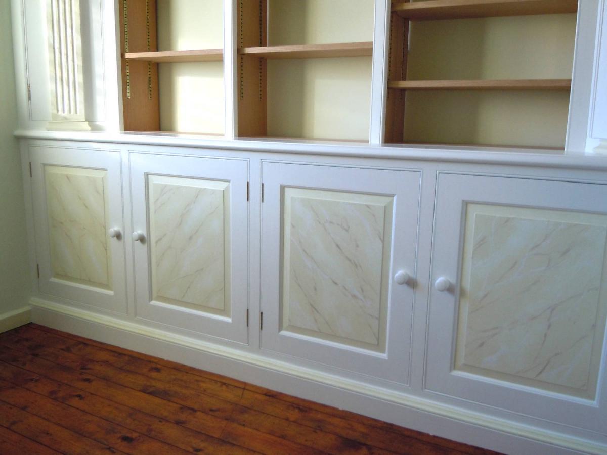 image shows: Marbled door fronts on bespoke office furniture